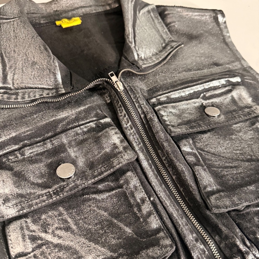Daisy Metallic Silver Coated Denim Vest Cropped Zip Up Utility Jacket DC1021 M